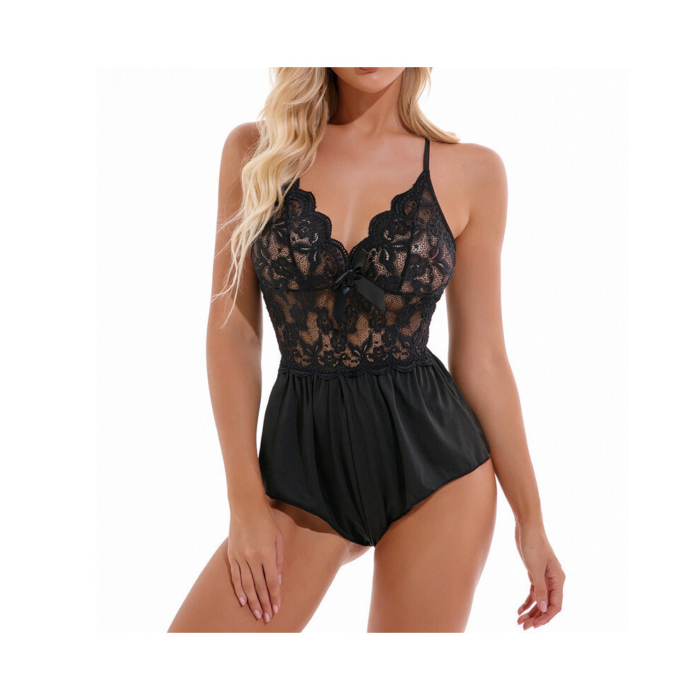 (Black, M) Sexy jumpsuit for women, sexy halterneck, sexy temptation suit, lace, hollow sexy underwear new