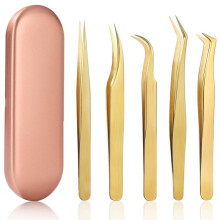 High Precision Lash Tweezers Set - Includes 5 Stainless Steel Eyelash Tweezers for Classic and Volume Lash Extensions