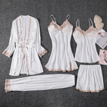 (White, L) Simulated silk pajamas, sexy lingerie five-piece set with suspenders, women's home wear, bathrobe, nightgown