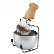 Mens Shaving Brush and Bowl Set 3-in-1Wood Handle Shaving Brush Stainless Steel Shaving Bowl Brush Stand Salon Face Set