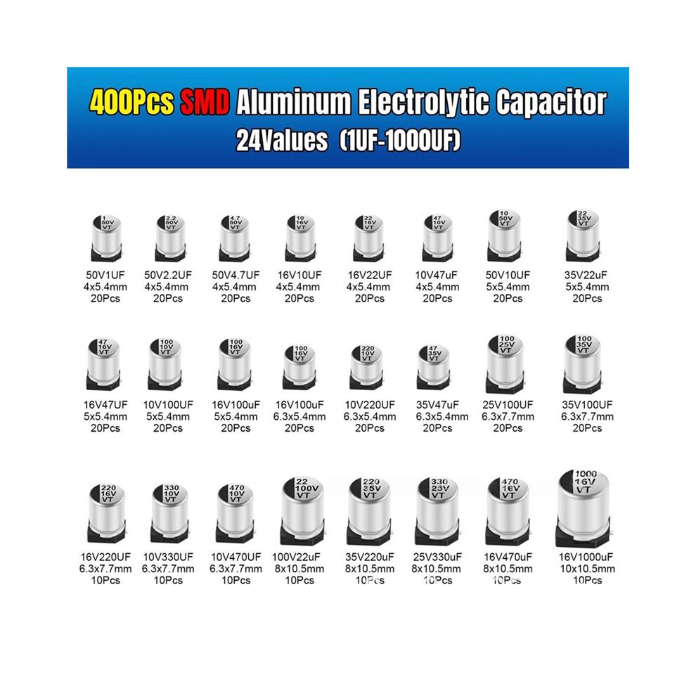 400Pcs Smd Aluminum Electrolytic Capacitors Kit 24Values 1Uf-1000Uf With Storage Box 6032542289739