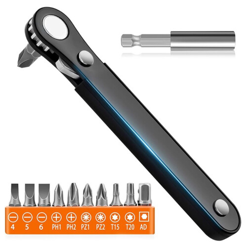 Right Angle Screwdriver Set -  Ratcheting 90 Degree Offset Wrench Kit