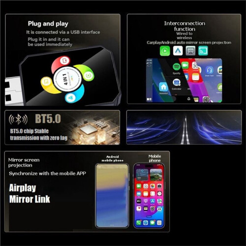 Adaptateur CarPlay Sans Fil 4 en 1 Airplay/Mirror Link/Android Auto/Carplay Commutable Android/IOS de Câblé à Sans Fil B 1