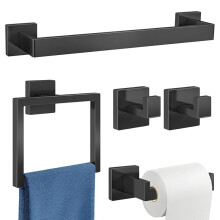 Ensemble de 5 Accessoires de Salle de Bain: Porte-Serviettes Mural en Acier Inoxydable Noir, 40 cm (15,74 Po)