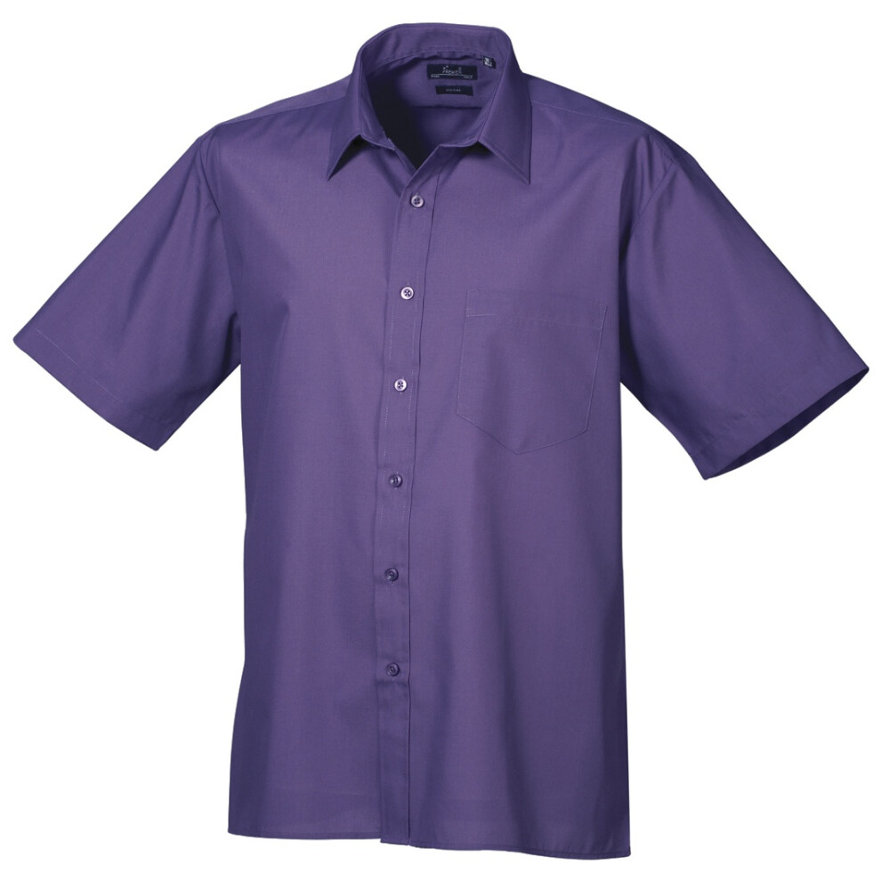 Premier (18, ) Mens Short Sleeve Formal Poplin Plain Work Shirt Purple