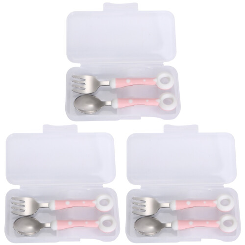 3Ensembles Ensemble Couverts Bébé Acier Rose Avec Boîte Cartoon