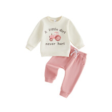 (2-3 Years, Beige) Toddler Girls Fall Farm Outfits Letter Tractor Print Long Sleeve Sweatshirt and Elastic Sweatpants Set 2 Piece Clothes