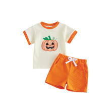(12-18 Months, Orange) Baby Halloween Outfits Pumpkin Embroidery Short Sleeve T-Shirt and Elastic Shorts Set for Toddler Cute Clothes