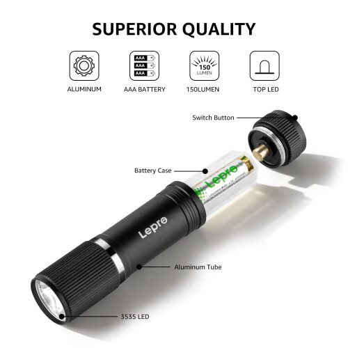 Lepro Small Torch Battery Powerd Bright LED Flashlight with Aluminum B 2