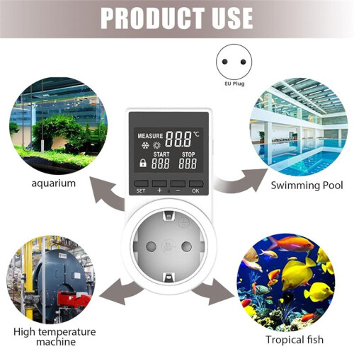 Thermostat Socket, Heating Cooling Digital  with Cable with Waterproof , LCD Screen  Socket Probe EU Plug 2