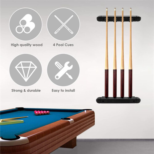 Billard-Queue-Rack Aus Hartholz mit 4 LöChern, ein der Wand Befestigt, Pool-Queue-Rack, 6 Clips, Billardhalter, ZubehöR 2