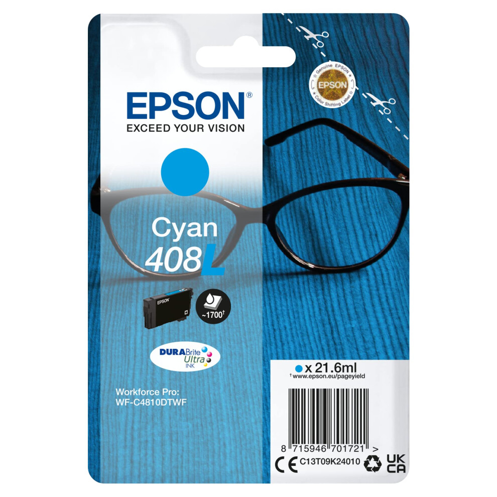 Epson Genuine Ink Singlepack High Yield Cyan 408 Xl Durabrite Ultra