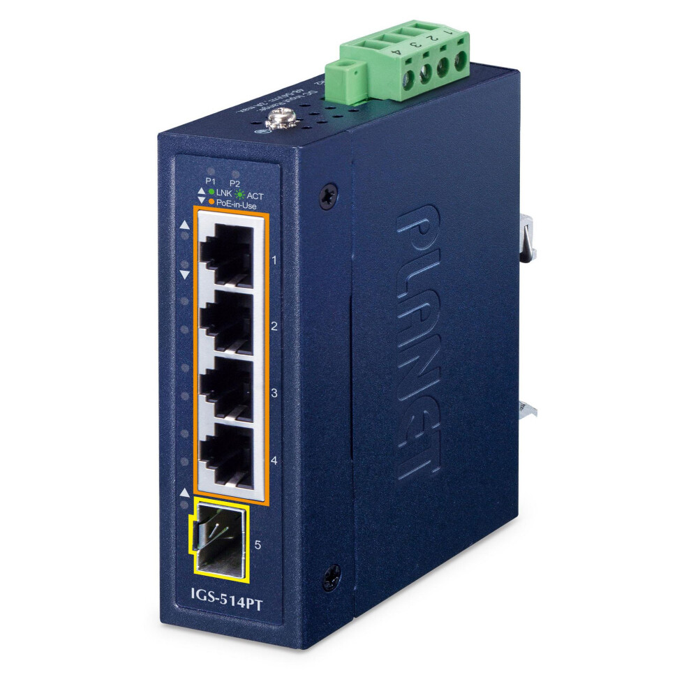 Planet Compact Industrial 4-Port 10/100/1000T 802.3At Poe + 1-Port 100/1000X Sfp Ethernet Switch 4711605288453