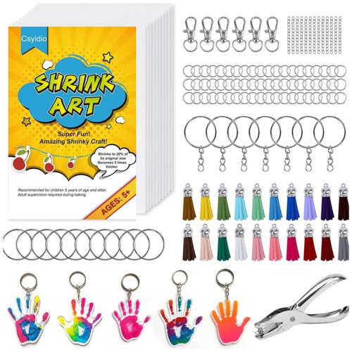 251 PCS Shrink Dink Keychain Kit Includes 20 Sheets Shrink Plastic Sheets, Hole Punch, Tassels, Lobster Clasps