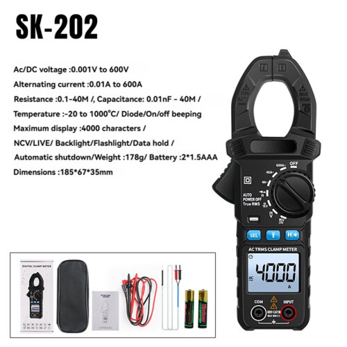 SK-202  Clamp Meter Digital Multimeter Temperature AC Current Voltage Capacitance NCV Tester with Flashlight 1