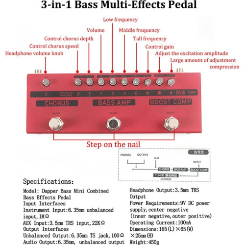 Multi-Effectpedaal voor Basgitaar met Chorus, Basversterker en Boostcompressie, Instelbaar, Rood 2