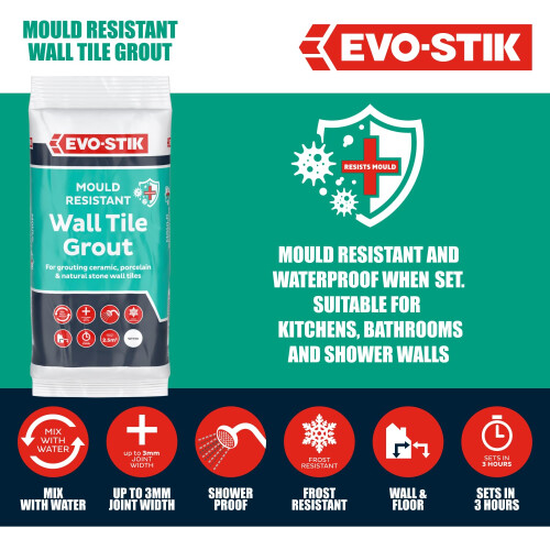 Evo Stik Wall Tile Grout Mould Resistant White - 500g - Fast Setting 2