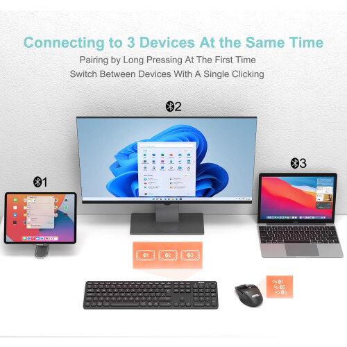 Arteck Universal Multi-Device Bluetooth Keyboard and Mouse Full Size Wireless Bluetooth Keyboard and Ergonomic Mouse Set for Windows, iOS, Android, C 1