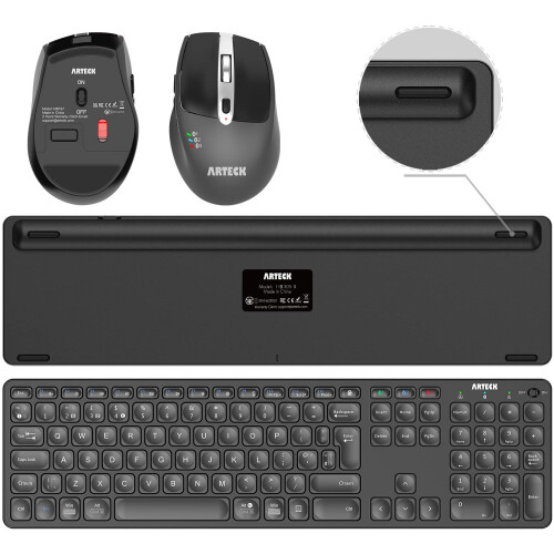 Arteck Universal Multi-Device Bluetooth Keyboard and Mouse Full Size Wireless Bluetooth Keyboard and Ergonomic Mouse Set for Windows, iOS, Android, C 2