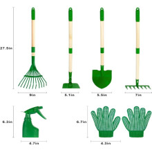 (Verde) Juego de 7 piezas de herramientas de jardinería para niños: carretilla con pala, rastrillo y