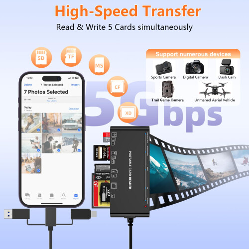 7 in 3 USB C + USB 3.0 + Lightning Multi Card Reader Adapter for SD, CF, Micro SD, XD, MS Cards, 5Gbps Memory Card Reader SD Card Reader Reader Adapt 1
