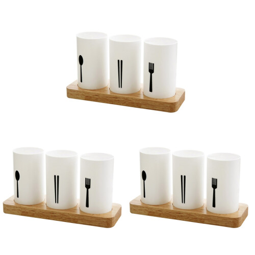 3Stk Weißer Essstäbchenhalter Mit Holzbasis Küchenbesteck-Organizer
