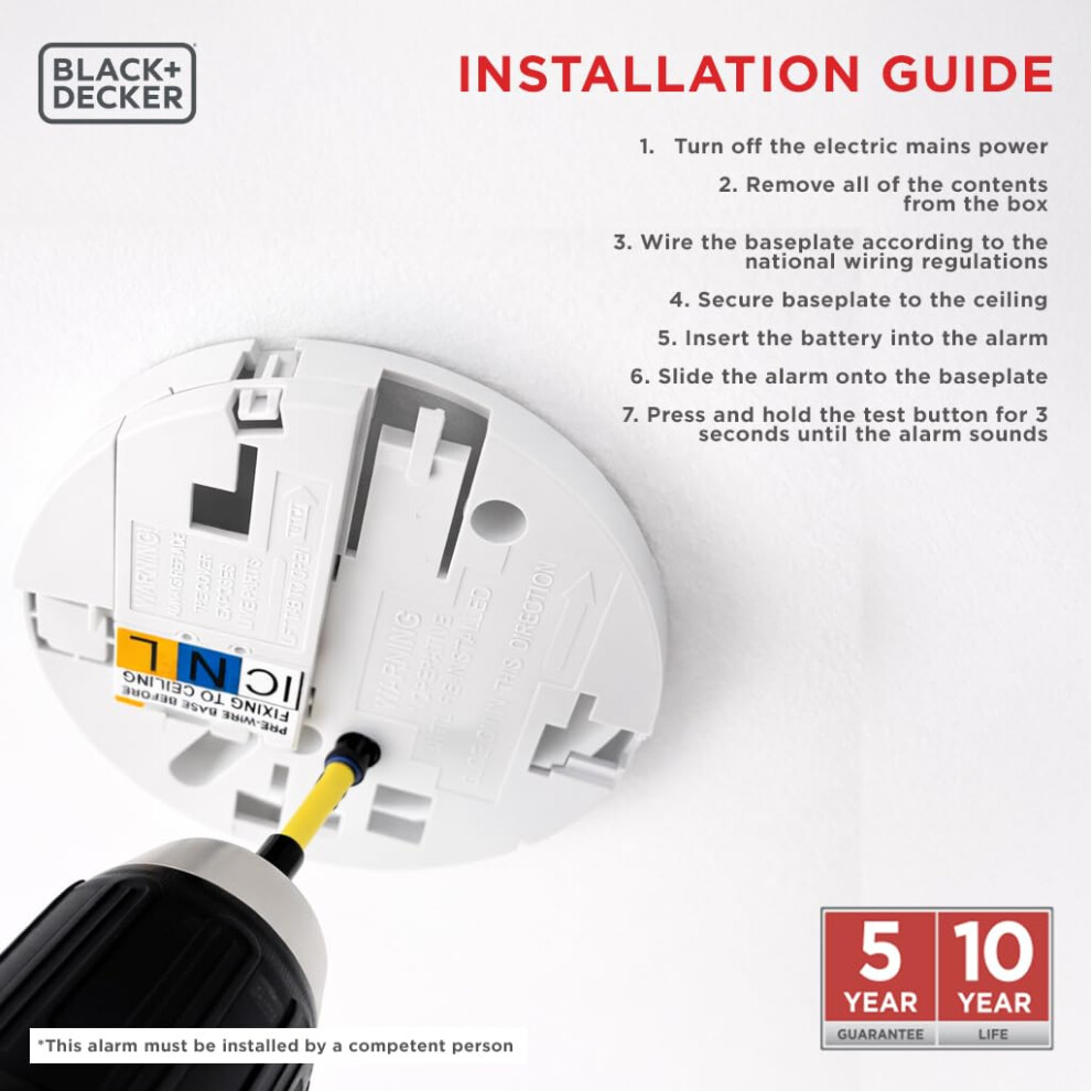 Black+Decker Kitchen Heat Alarm Mains Powered Interlinked With Battery Back Up. Interlinked Heat Detector For Home, Kitchen And Garage. Fast Fix Easy 8852324867249