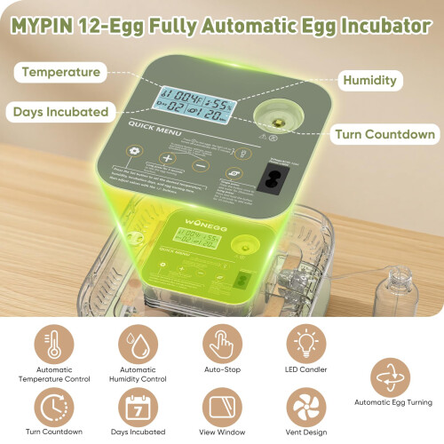 MYPIN 12-Egg Fully Automatic Incubator with Auto-Turning, Humidity & 1