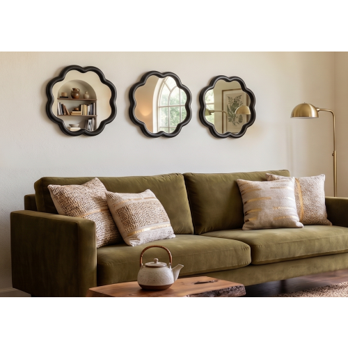 3x Black Round Wavy Wall Mirror Plastic Frame 25Cm