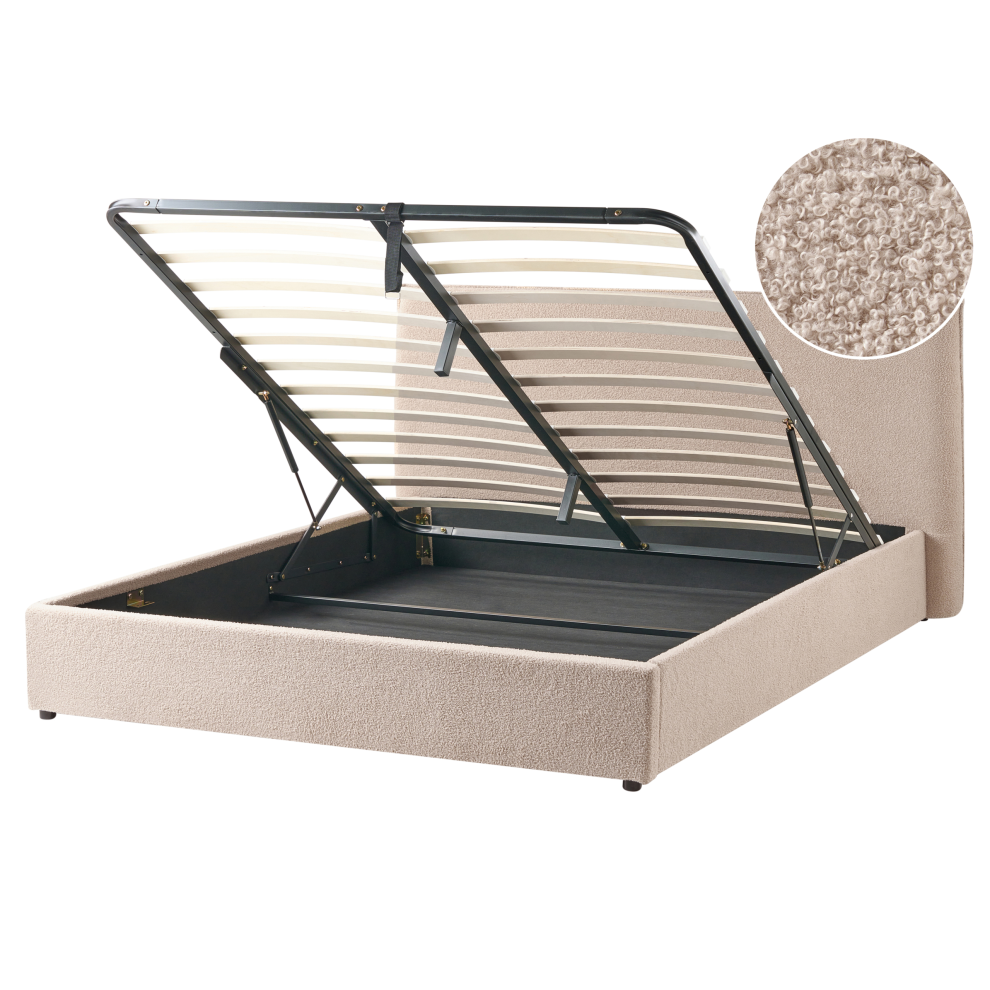 Beliani Ottoman Bed Lavaur Boucle Taupe 160 X 200 Cm (Eu King Size) Brown