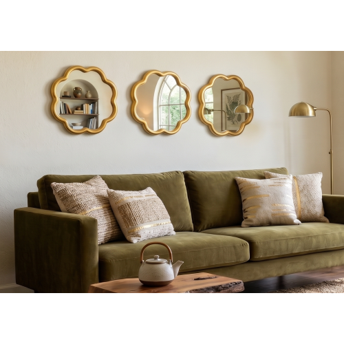 3x Gold Wavy Round Wall Mirror Plastic Framed 25Cm