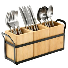 Bamboo Kitchen Utensil Holder for Countertop, 3-Compartment Organizer for Cooking Tools, Silverware, and Spatulas