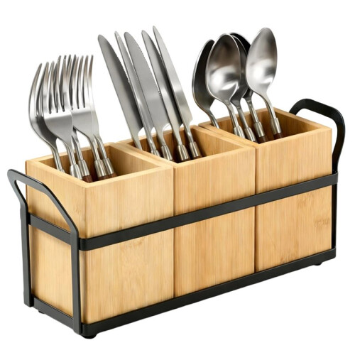 Bamboo Kitchen Utensil Holder for Countertop, 3-Compartment Organizer for Cooking Tools, Silverware, and Spatulas