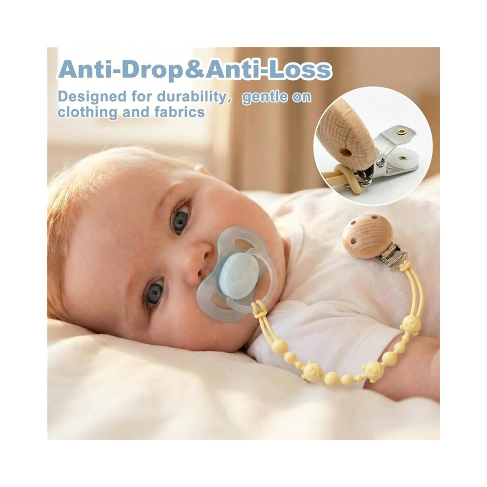 4 Pack Silicone Dummy Clip BPA-Free, Wooden Soother Clips, Anti-Drop Pacifier Clips for Teething Toy