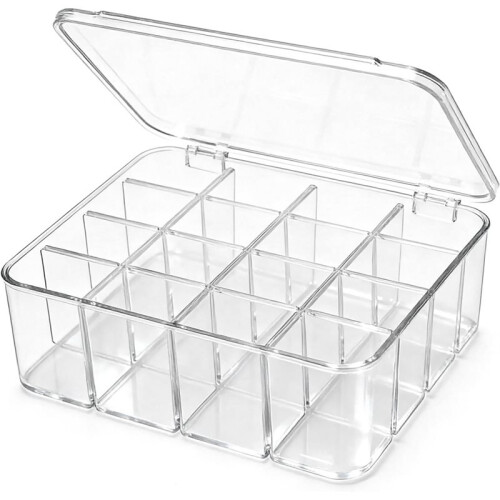 Socks Underwear Drawer Organizer, 16 Compartment Clear Plastic Storage Box with Lid & Adjustable Dividers, Tie Box 1