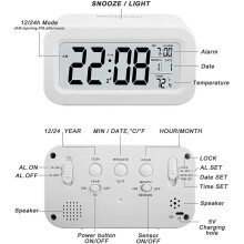 Wiederaufladbare Wecker, Digitale Wecker Am Bett, Netzbetrieben mit Intelligentem Lichtsensor, 12/24 Stunden Datum, Weiß