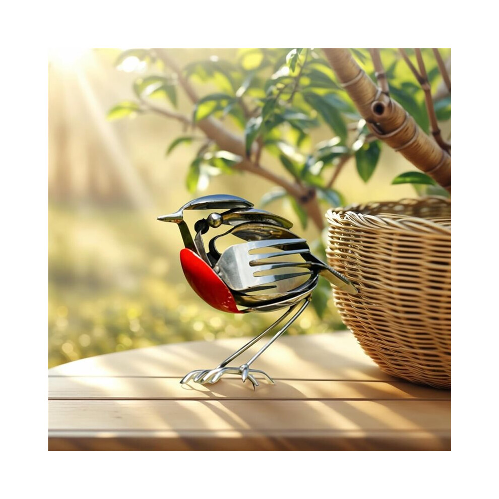 Metal Robin Bird Sculpture for Indoor Home Garden Ornaments Handmade Fork and Spoon Scrap Art Decor Gift for Bird Lovers