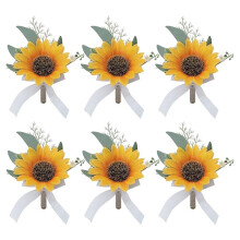 6PCS Artificial Sunflower Boutonniere, Groom Bridesmaid Wedding Flower Corsage Set,for Party and Vintage Wedding