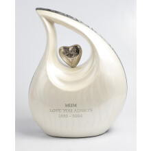 White With Silver Heart Teardrop Cremation Urn for Adult Ashes Personalised Engraving Memorial Urn with Secure Threaded Lid Premium Aluminium Keepsake