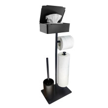 Porte-Papier Toilette Noir sur Pied avec Brosse, Sans Perçage, avec Base Antidérapante et Espace de Rangement.