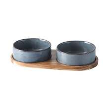 Ceramic Pet Bowl with Neck Protective Collar Anti-Collision Wooden Tray Pet Feeding Supplies Cat Accessories