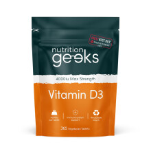 Nutrition Geeks, Vitamin D 4000 iu - 1 Year Supply, 365 Easy-Swallow Tablets Vegetarian D3 iu, High Strength Supplet UK Made VIT & Vitamins Awarded b