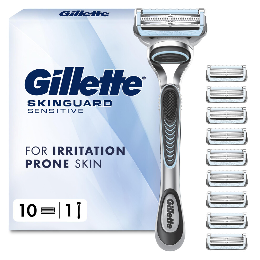 Gillette Skinguard Sensitive Razor For Men - 1 Men's Razor Handle With 10 Blade Refills, Gentle Shave For Sensitive Skin, Reduces Irritation And Bump