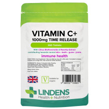 Lindens - Vitamin C+ 1000mg Time Release, 360 Tablets - 1 a Day, UK Made - Skin, Teeth, Joints and Immune Health, Combats Tiredness and Fatigue - Veg