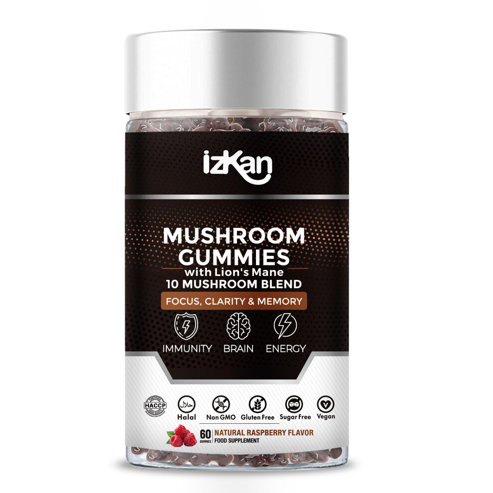 Izkan Multi Mushroom Gummies Supplement 3000Mg With Lion's Mane & Ashwagandha Promotes Nootropic Focus Brain Supplement, Immune Support & Stress Relief - 6