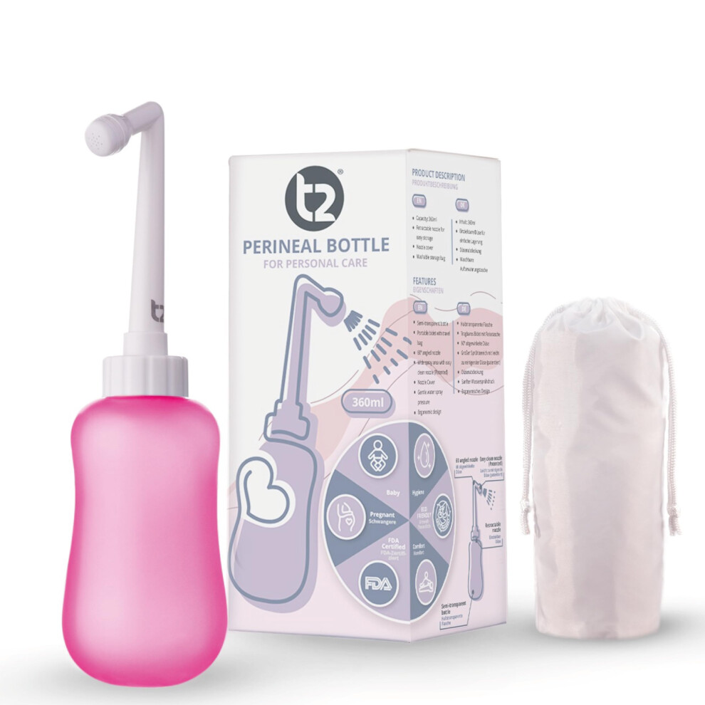 T2 Peri Bottle - Portable Bidet For Postpartum Care, Perineal Pain Relief - 360Ml Squeeze Bottle With 60 Nozzle & Washable Storage Bag - Hospital Ba