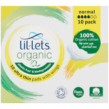 Lil-Lets Organic Cotton Normal Pads, 10 Count, Ultra Thin, with Wings, for Light to Medium Flow, GOTS Certified, Plastic Free, Biodegradable, 100% Or