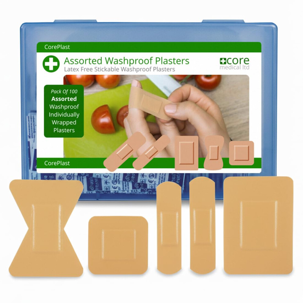 Core Medical Washproof Latex Free Plasters - Assorted Pack Of 100 In Reusable Hard Box - Waterproof And Great Stickability