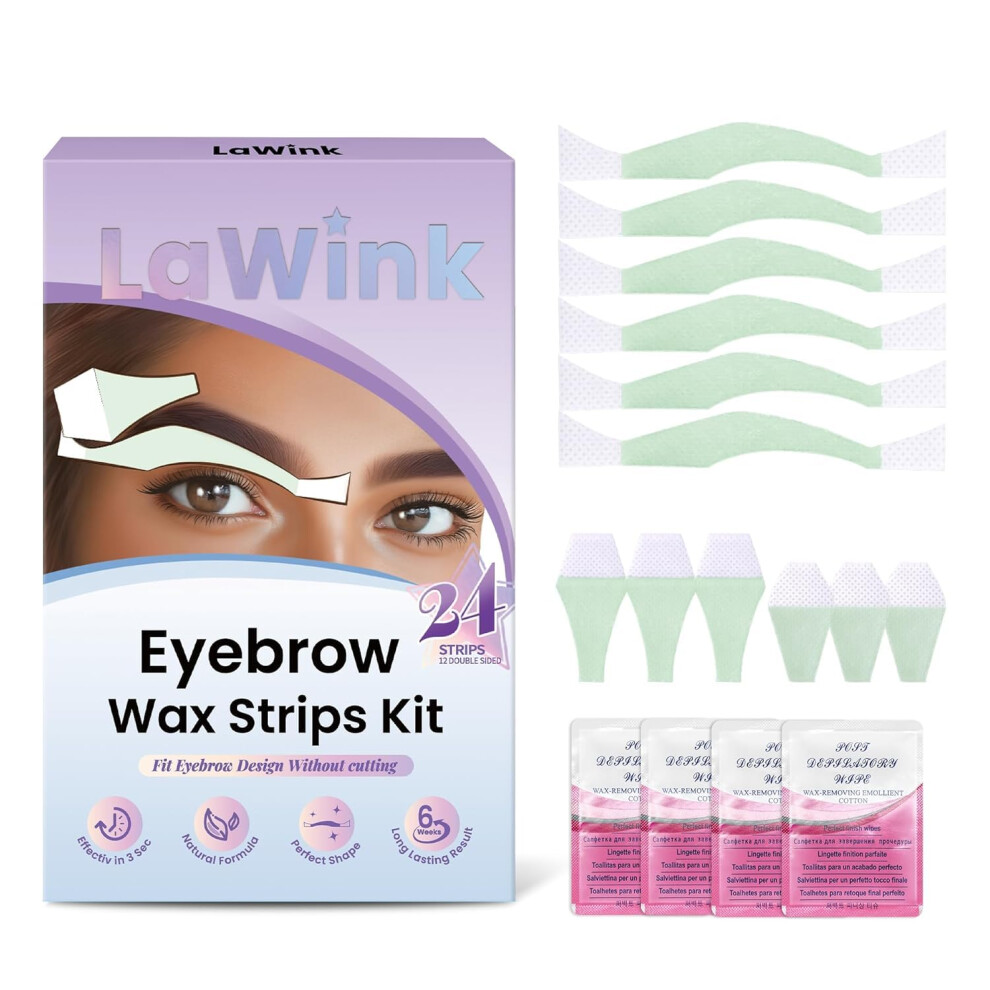 Lawink Eyebrow Wax Strips Kit - 24 Cold Wax Strips, 4 Calming Oil Wipes For All Skin Home Use, Pre Cut Strips For Eyebrow&Lip Hair Removal, 3S Painle