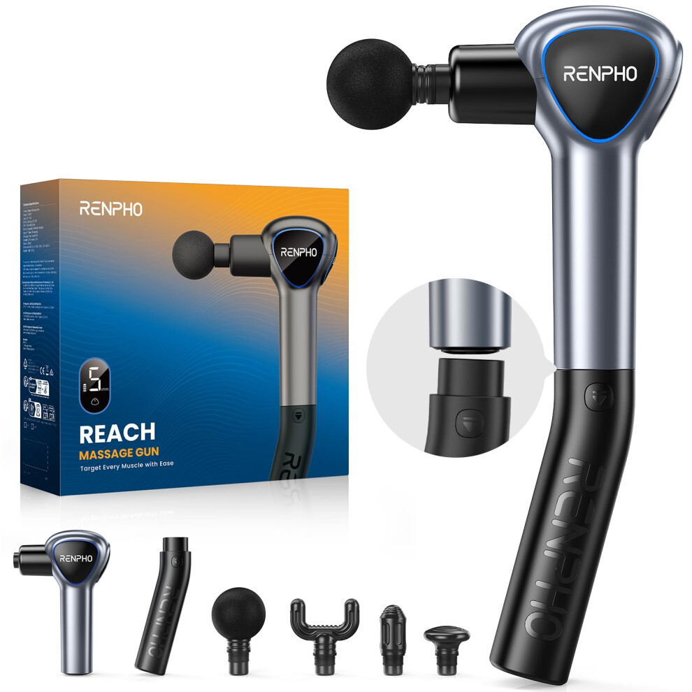 Renpho Reach Handle Massage Gun With 5 Speed 4 Head,Mini Massage Gun With Extension Handle,Gift For Women Men,Muscle Gun Deep Tissue With 3200Rpm For